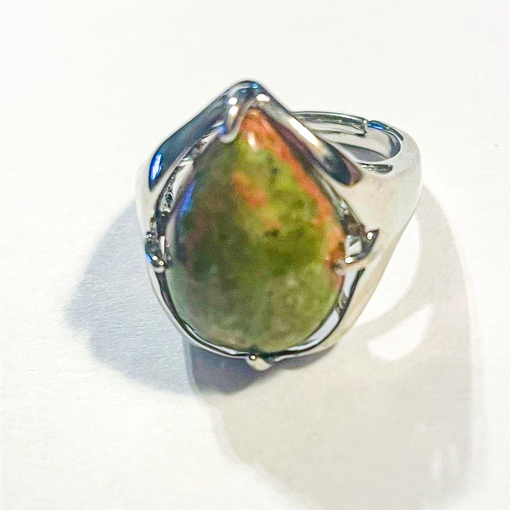Unakite Gemstone Adjustable Silver Plated Ring